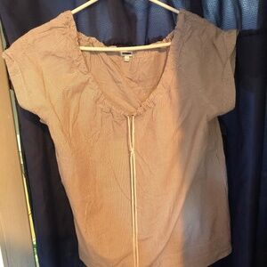 XL Kismet blouse , cute pinstripe grey and white top, gathered neck.